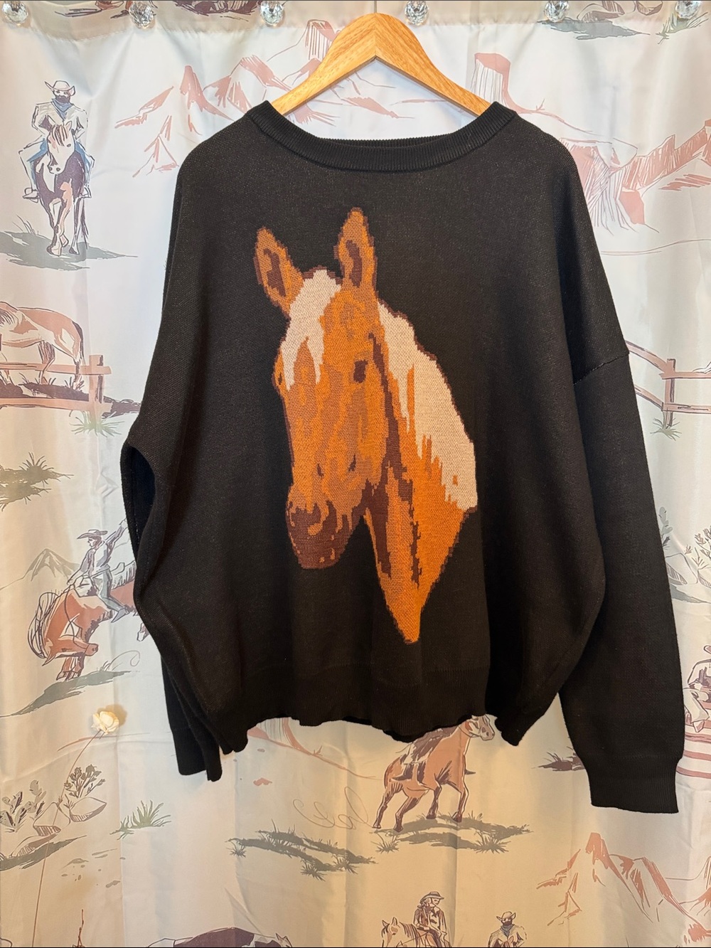 Black Sweater with Palomino Horse Intarsia - Women's Cozy Knit